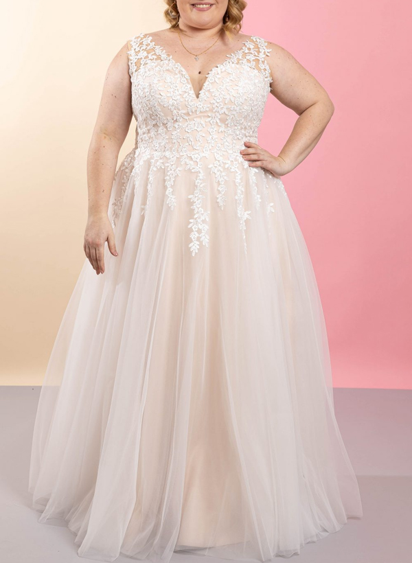 Plus Size A-Line V-Neck Floor-Length Tulle Wedding Dresses With Lace, product image 2