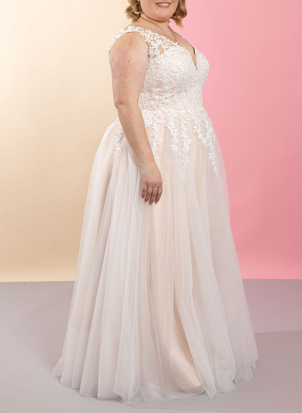 Plus Size A-Line V-Neck Floor-Length Tulle Wedding Dresses With Lace, product image 3