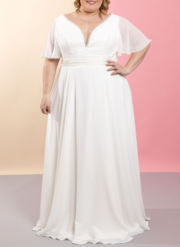 Plus Size A-Line V-Neck 1/2 Sleeves Floor-Length Chiffon Wedding Dresses, product image 1