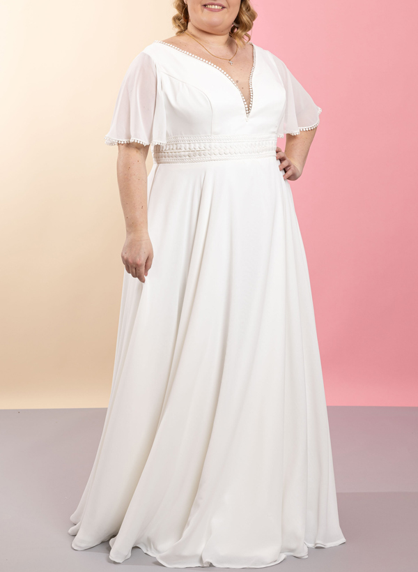 Plus Size A-Line V-Neck 1/2 Sleeves Floor-Length Chiffon Wedding Dresses, product image 2