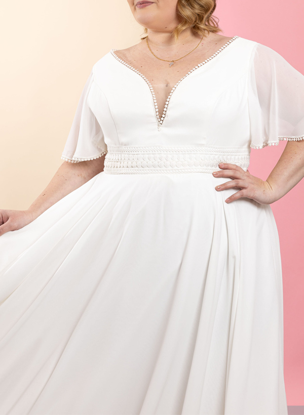 Plus Size A-Line V-Neck 1/2 Sleeves Floor-Length Chiffon Wedding Dresses, product image 3
