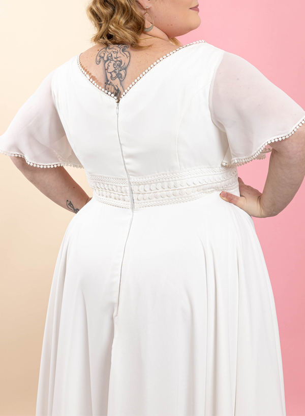 Plus Size A-Line V-Neck 1/2 Sleeves Floor-Length Chiffon Wedding Dresses, product image 4
