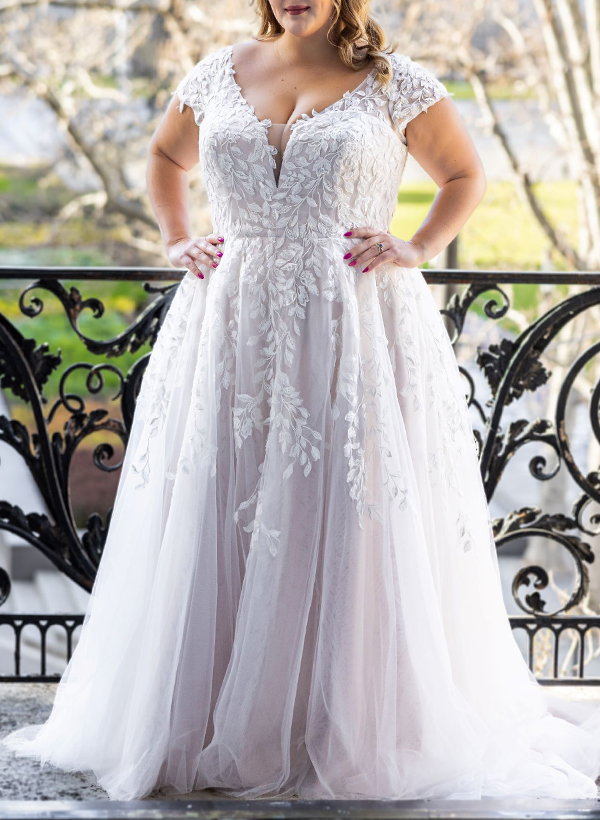 Plus Size A-Line V-Neck Sweep Train Tulle Wedding Dresses With Appliques Lace, product image 1