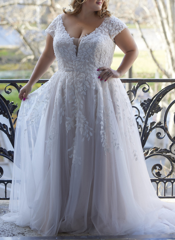 Plus Size A-Line V-Neck Sweep Train Tulle Wedding Dresses With Appliques Lace, product image 2