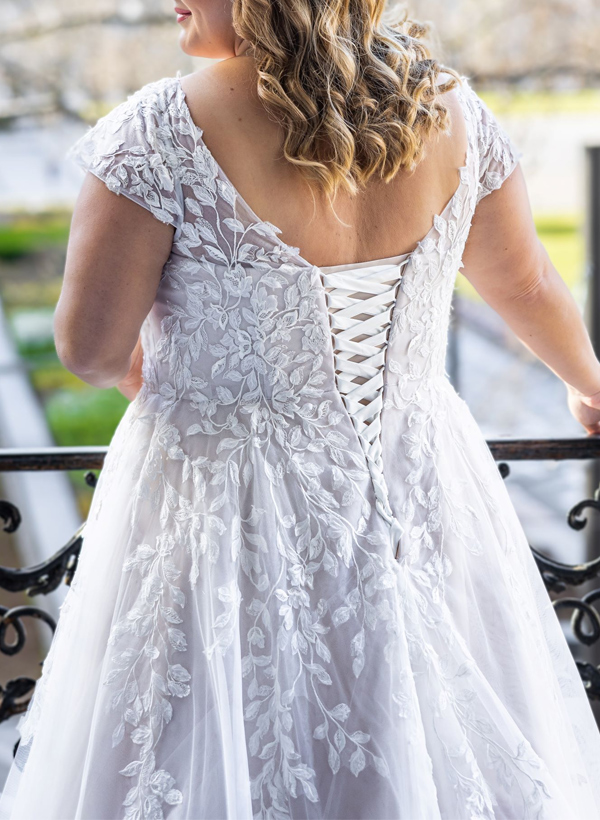 Plus Size A-Line V-Neck Sweep Train Tulle Wedding Dresses With Appliques Lace, product image 4