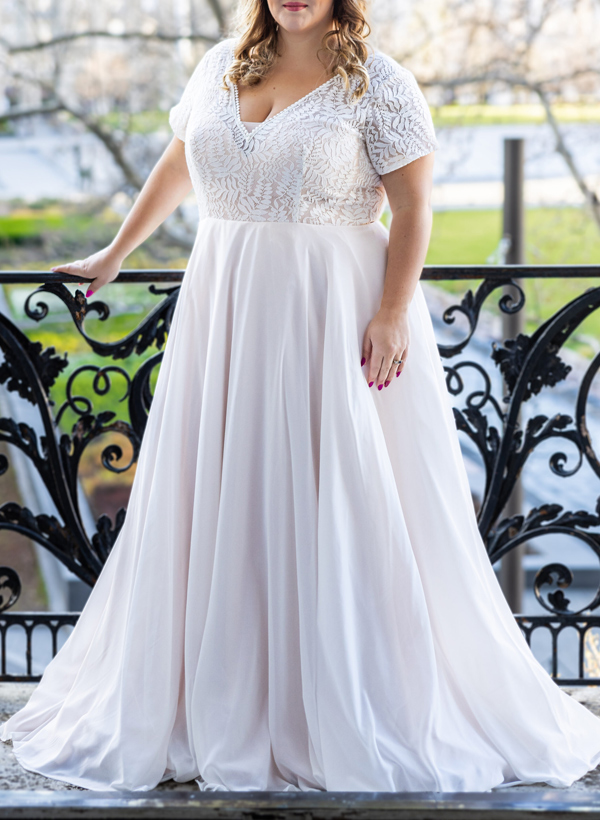 Plus Size A-Line V-Neck Short Sleeves Court Train Chiffon Wedding Dresses in As Picture, US2