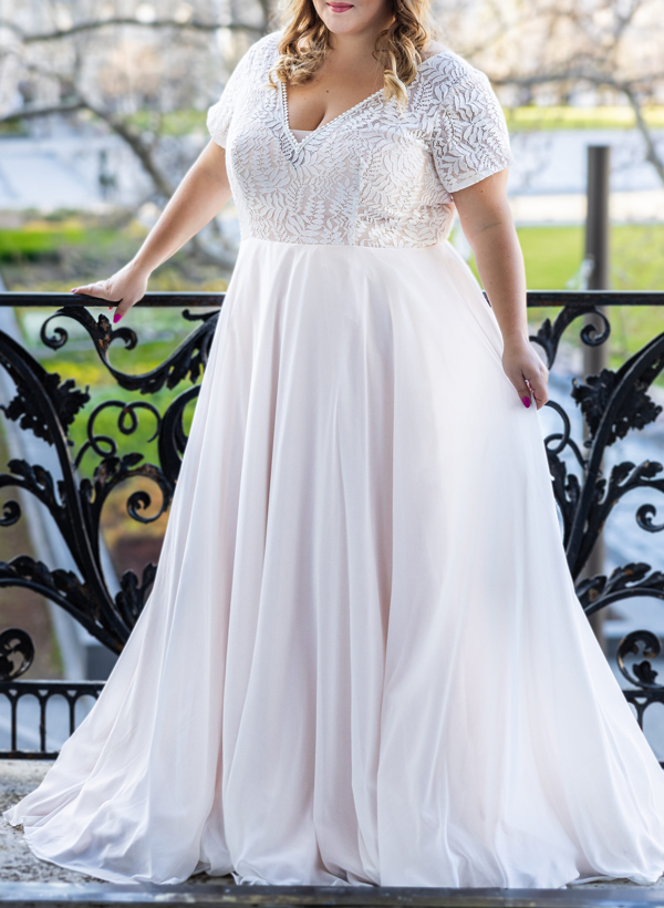 Plus Size A-Line V-Neck Short Sleeves Court Train Chiffon Wedding Dresses, product image 2