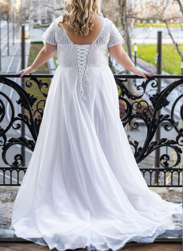 Plus Size A-Line V-Neck Short Sleeves Court Train Chiffon Wedding Dresses, product image 3