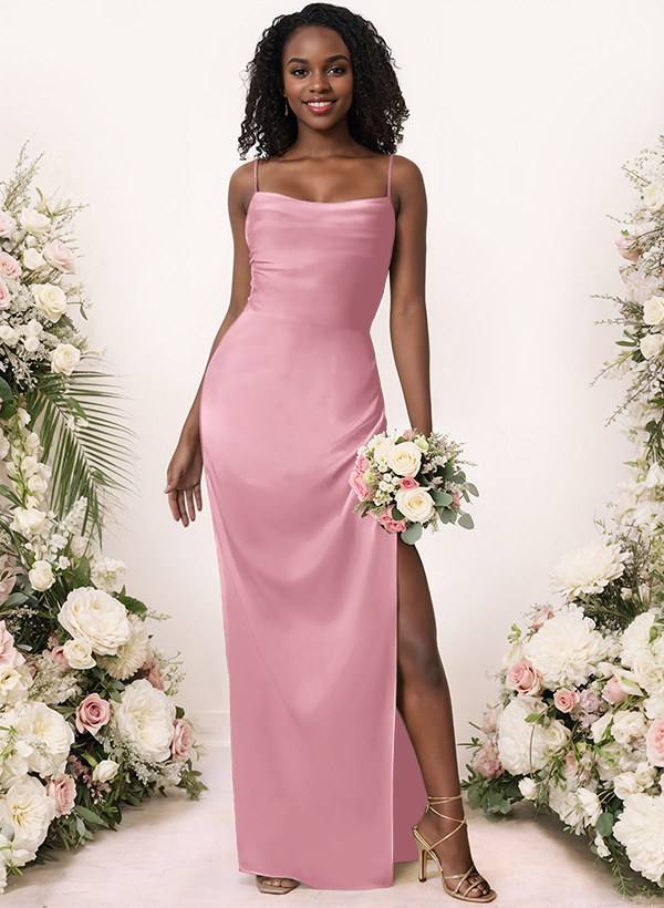 Sheath/Column Cowl Neck Floor-Length Silk Like Satin Bridesmaid Dresses With Split Front