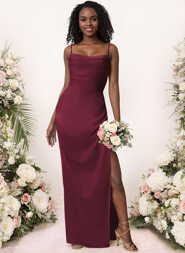 Sheath/Column Cowl Neck Floor-Length Silk Like Satin Bridesmaid Dresses With Split Front