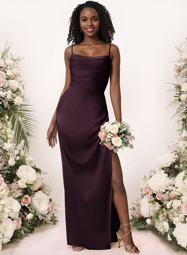 Sheath/Column Cowl Neck Floor-Length Silk Like Satin Bridesmaid Dresses With Split Front
