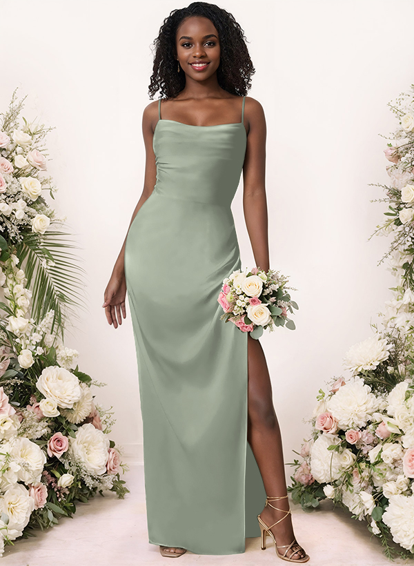 Sheath/Column Cowl Neck Floor-Length Silk Like Satin Bridesmaid Dresses With Split Front