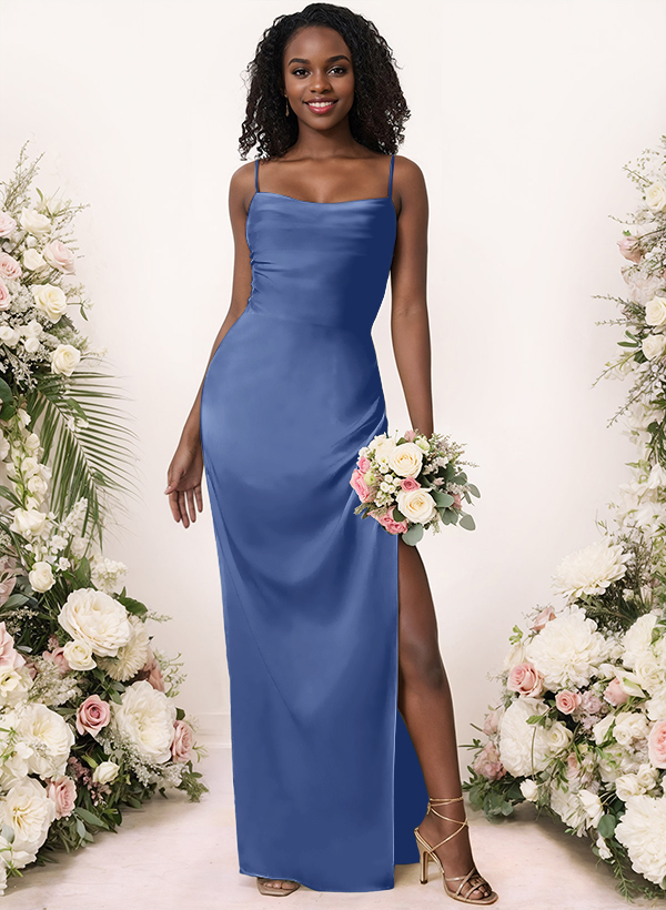 Sheath/Column Cowl Neck Floor-Length Silk Like Satin Bridesmaid Dresses With Split Front