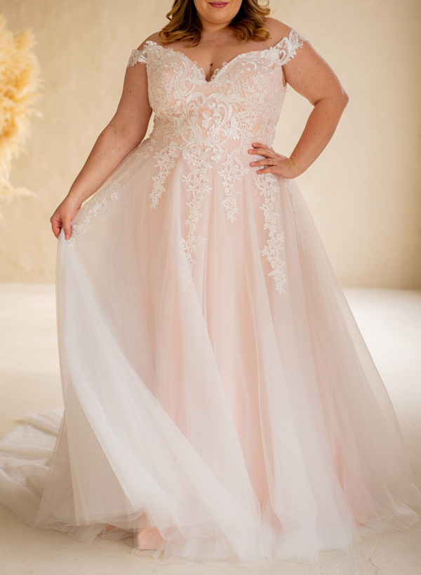 Plus Size A-Line Off-The-Shoulder Sweep Train Tulle Wedding Dresses With Lace in As Picture, US2