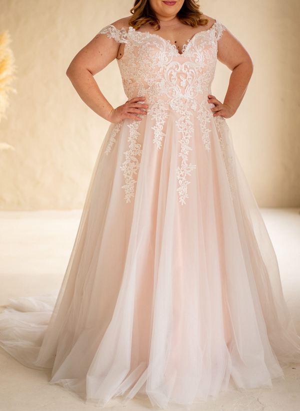 Plus Size A-Line Off-The-Shoulder Sweep Train Tulle Wedding Dresses With Lace, product image 2