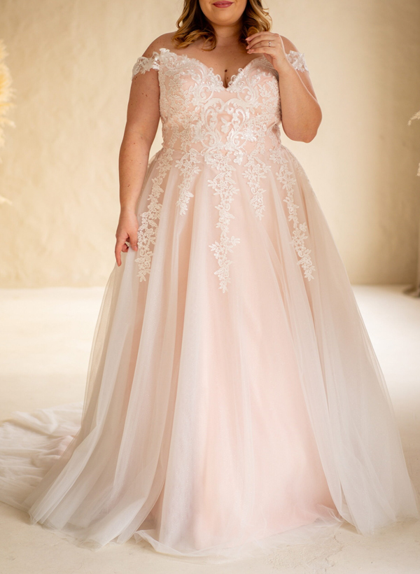 Plus Size A-Line Off-The-Shoulder Sweep Train Tulle Wedding Dresses With Lace, product image 3