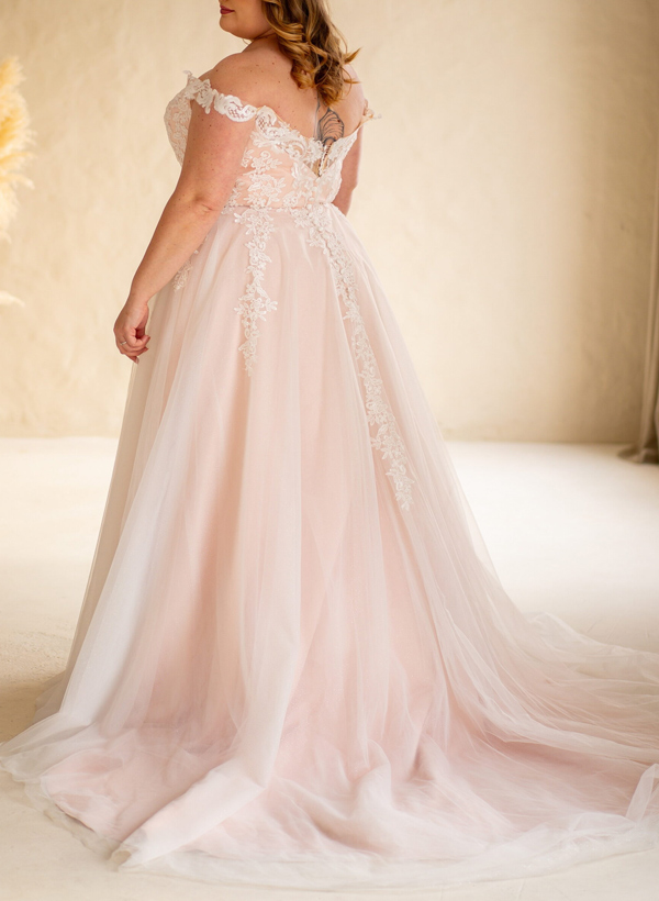 Plus Size A-Line Off-The-Shoulder Sweep Train Tulle Wedding Dresses With Lace, product image 4