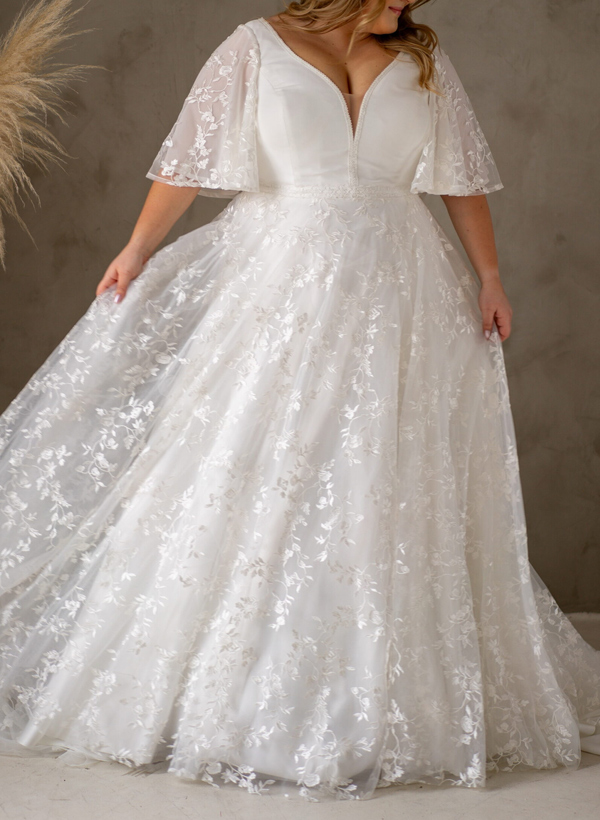 Plus Size A-Line V-Neck Satin(Non-Stretch)/Tulle Wedding Dresses With Lace, product image 1