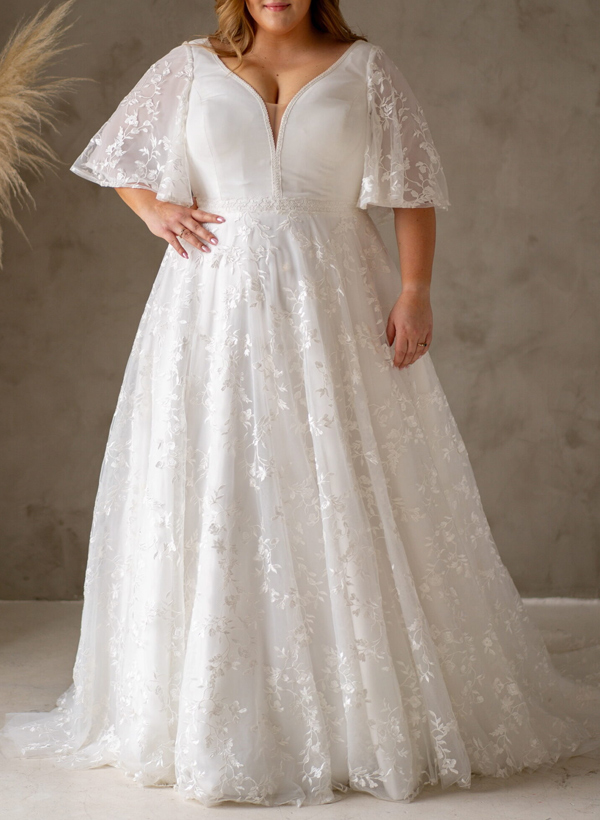 Plus Size A-Line V-Neck Satin(Non-Stretch)/Tulle Wedding Dresses With Lace, product image 2