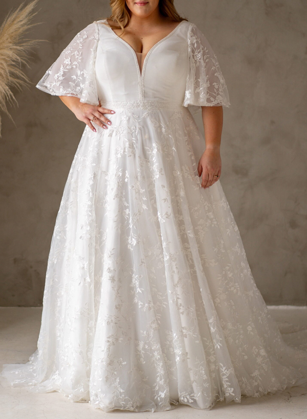Plus Size A-Line V-Neck Satin(Non-Stretch)/Tulle Wedding Dresses With Lace, product image 2