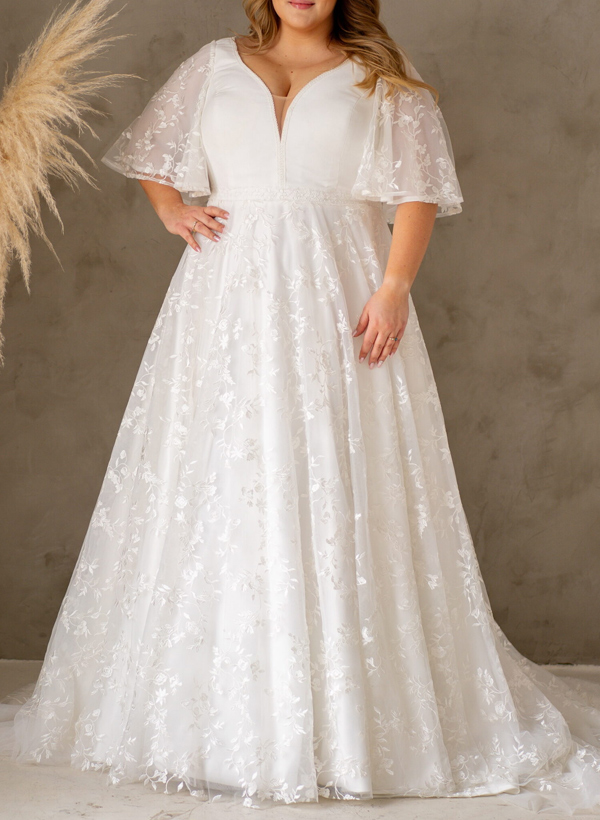 Plus Size A-Line V-Neck Satin(Non-Stretch)/Tulle Wedding Dresses With Lace, product image 3