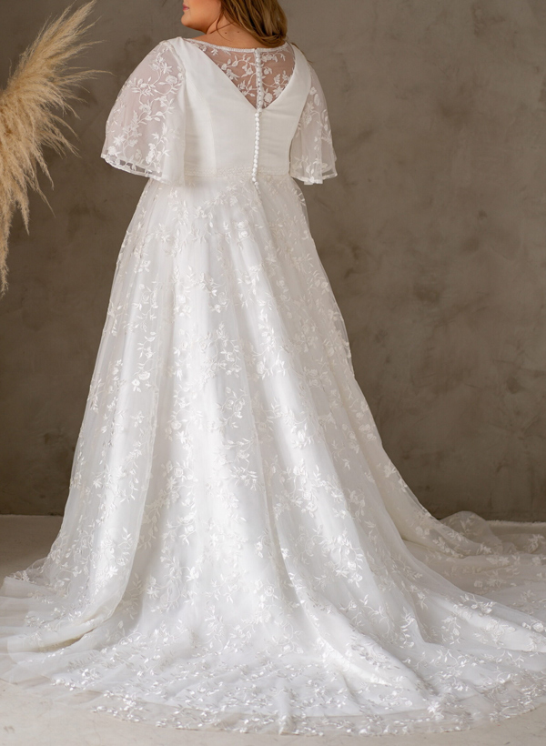 Plus Size A-Line V-Neck Satin(Non-Stretch)/Tulle Wedding Dresses With Lace, product image 4