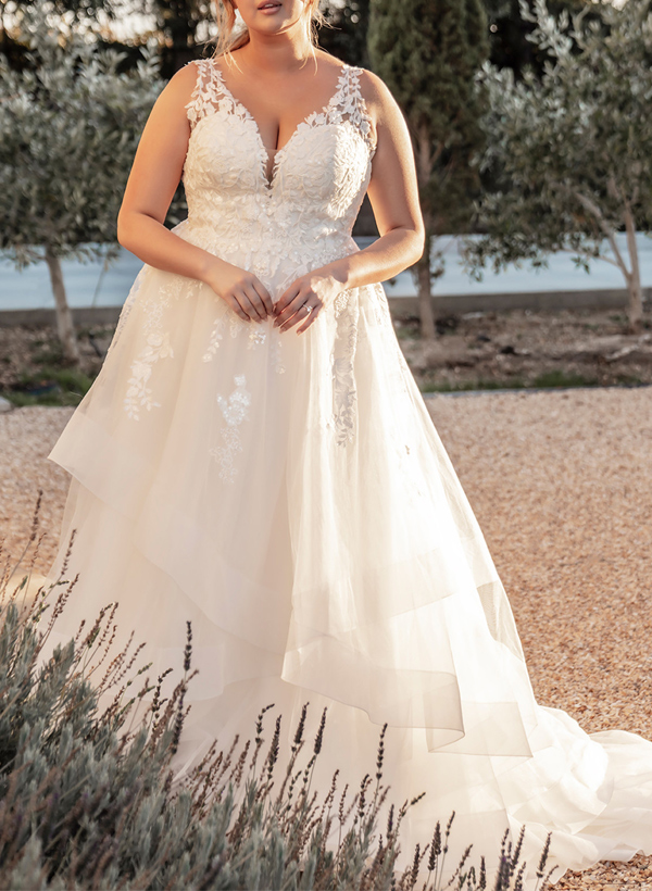 Plus Size A-Line V-Neck Sleeveless Sweep Train Tulle Wedding Dresses With Lace, product image 3