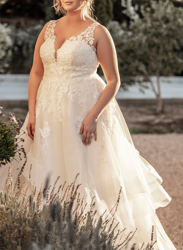 Plus Size A-Line V-Neck Sleeveless Sweep Train Tulle Wedding Dresses With Lace, product image 4