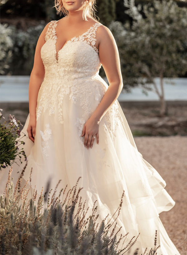 Plus Size A-Line V-Neck Sleeveless Sweep Train Tulle Wedding Dresses With Lace, product image 4