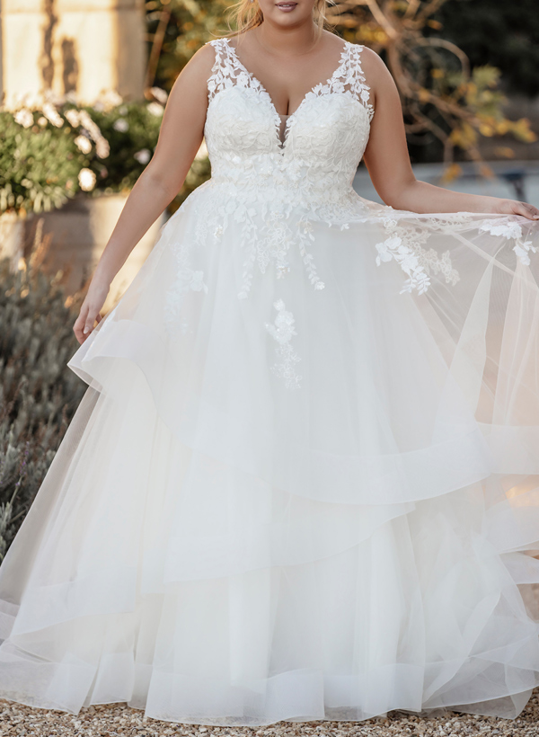 Plus Size A-Line V-Neck Sleeveless Sweep Train Tulle Wedding Dresses With Lace, product image 1