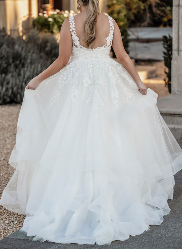 Plus Size A-Line V-Neck Sleeveless Sweep Train Tulle Wedding Dresses With Lace, product image 2