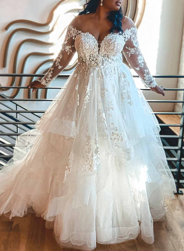 Plus Size A-Line V-Neck Long Sleeves Tulle Wedding Dresses With Ruffle/Lace, product image 1