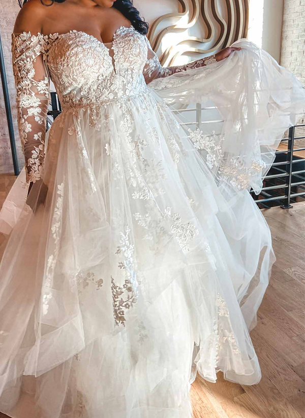 Plus Size A-Line V-Neck Long Sleeves Tulle Wedding Dresses With Ruffle/Lace, product image 2