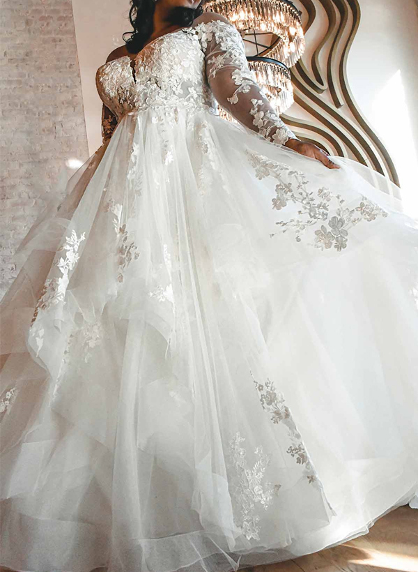 Plus Size A-Line V-Neck Long Sleeves Tulle Wedding Dresses With Ruffle/Lace, product image 3