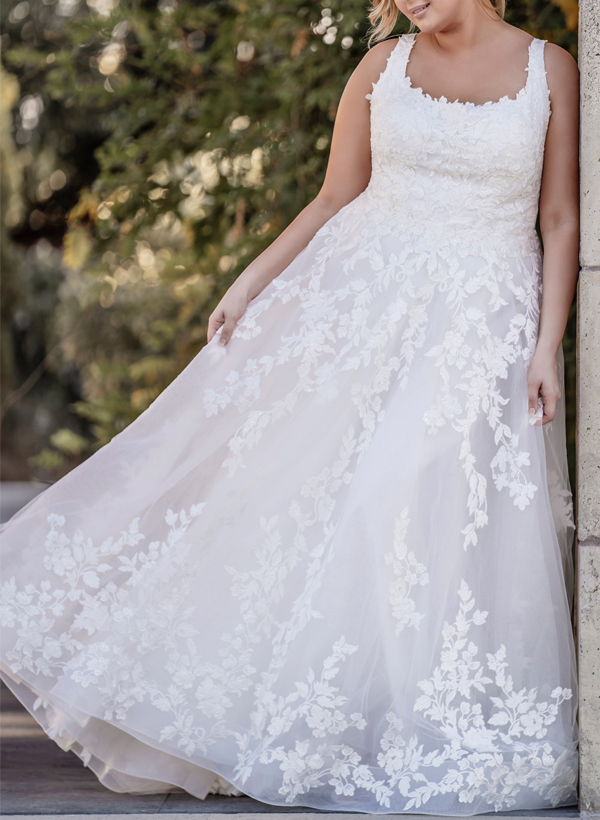 Plus Size A-Line Cowl Neck Sleeveless Sweep Train Lace Wedding Dresses, product image 1