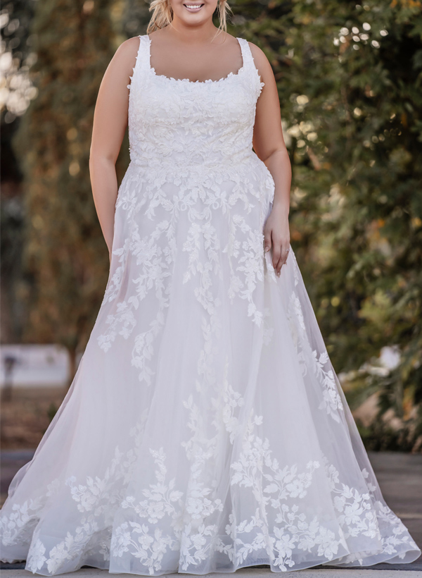 Plus Size A-Line Cowl Neck Sleeveless Sweep Train Lace Wedding Dresses, product image 2