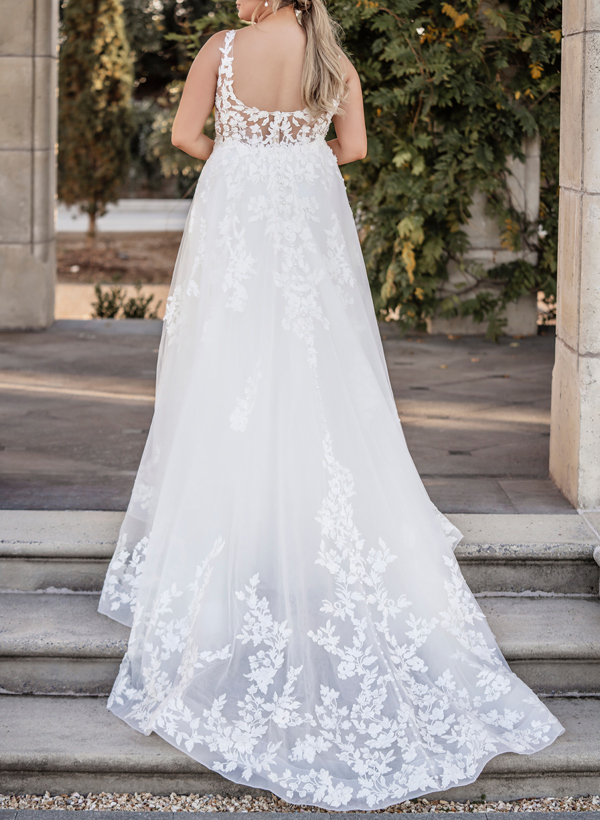Plus Size A-Line Cowl Neck Sleeveless Sweep Train Lace Wedding Dresses, product image 3