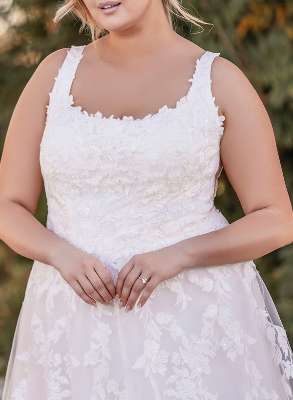 Plus Size A-Line Cowl Neck Sleeveless Sweep Train Lace Wedding Dresses, product image 4