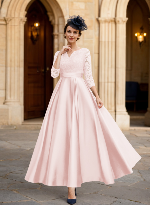 A-Line 3/4 Sleeves Ankle-Length Satin Mother Of The Bride Dresses With Lace