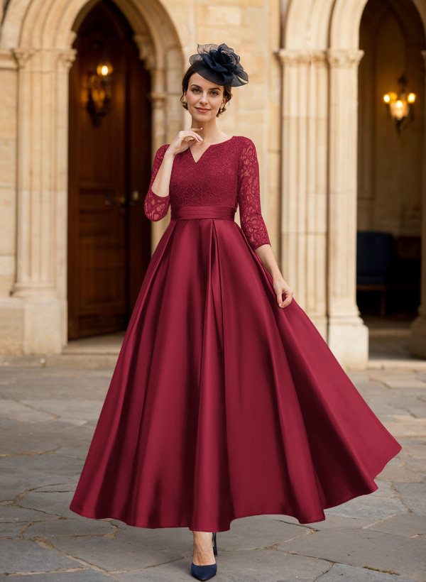 A-Line 3/4 Sleeves Ankle-Length Satin Mother Of The Bride Dresses With Lace