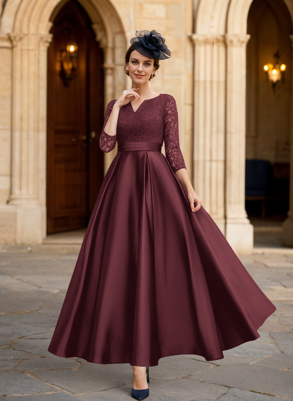 A-Line 3/4 Sleeves Ankle-Length Satin Mother Of The Bride Dresses With Lace