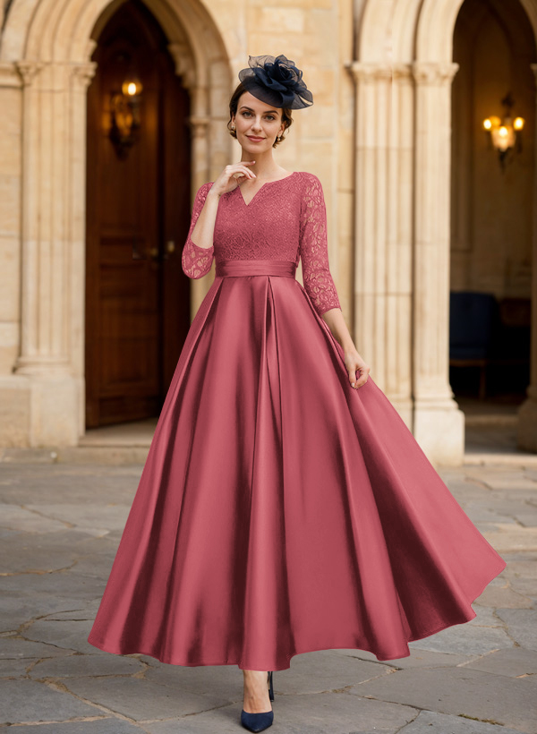 A-Line 3/4 Sleeves Ankle-Length Satin Mother Of The Bride Dresses With Lace