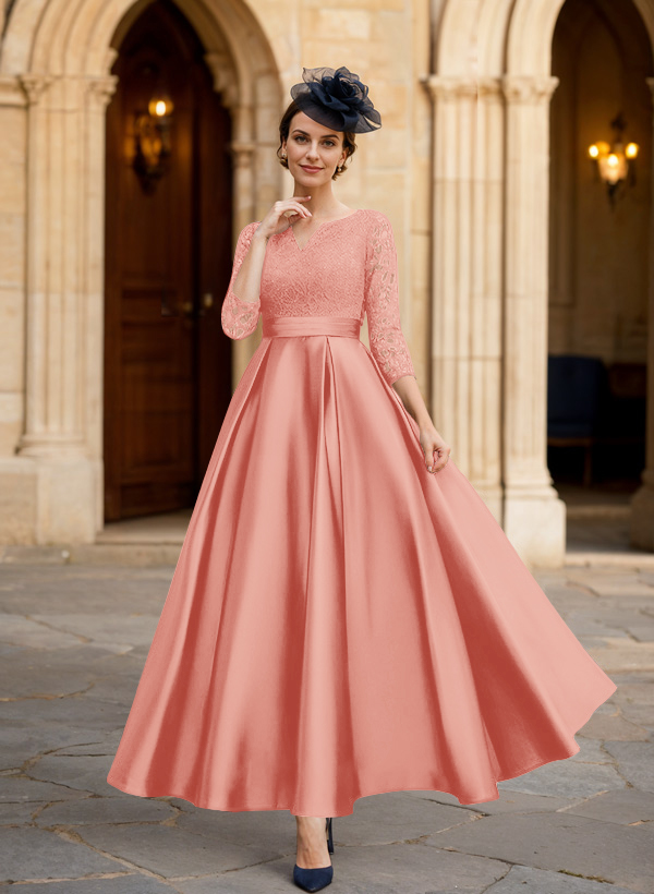 A-Line 3/4 Sleeves Ankle-Length Satin Mother Of The Bride Dresses With Lace