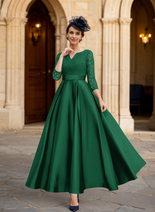 A-Line 3/4 Sleeves Ankle-Length Satin Mother Of The Bride Dresses With Lace