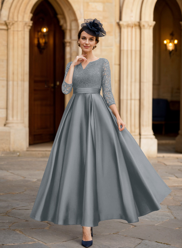 A-Line 3/4 Sleeves Ankle-Length Satin Mother Of The Bride Dresses With Lace