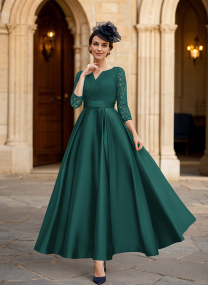 A-Line 3/4 Sleeves Ankle-Length Satin Mother Of The Bride Dresses With Lace