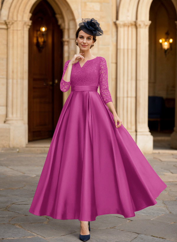 A-Line 3/4 Sleeves Ankle-Length Satin Mother Of The Bride Dresses With Lace