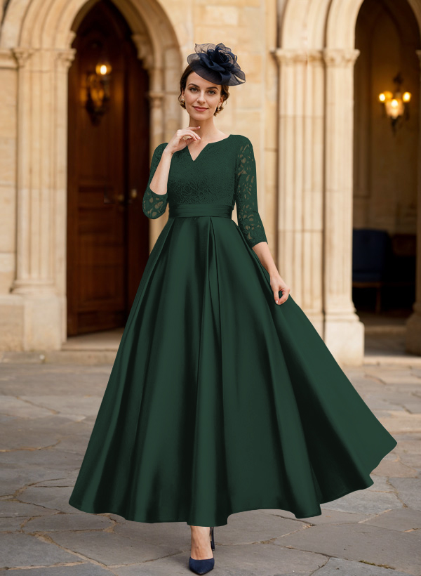 A-Line 3/4 Sleeves Ankle-Length Satin Mother Of The Bride Dresses With Lace