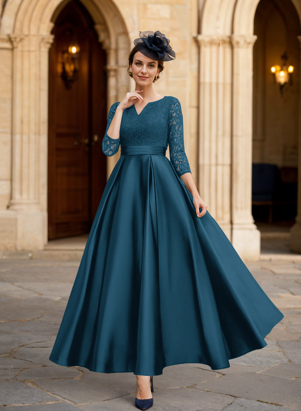 A-Line 3/4 Sleeves Ankle-Length Satin Mother Of The Bride Dresses With Lace