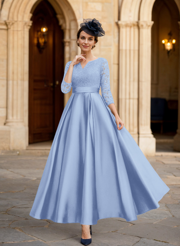 A-Line 3/4 Sleeves Ankle-Length Satin Mother Of The Bride Dresses With Lace